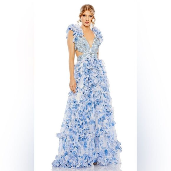 Mac Duggal Blue and White Plunge Maxi Gown/ size 2 - Picture 1 of 10